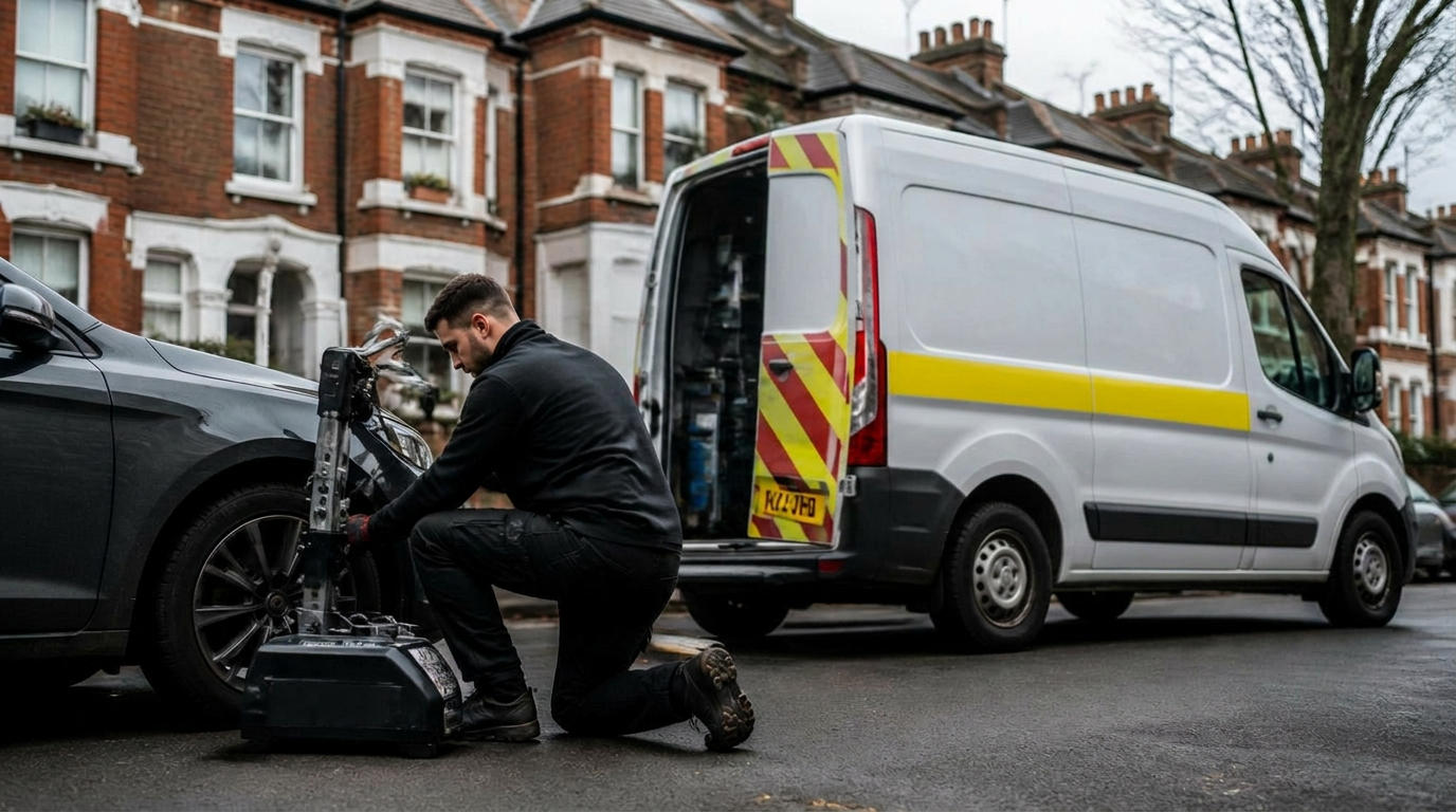 Catford Tyres mobile fitter kneeling next to a van, changing a tyre on a South East London street