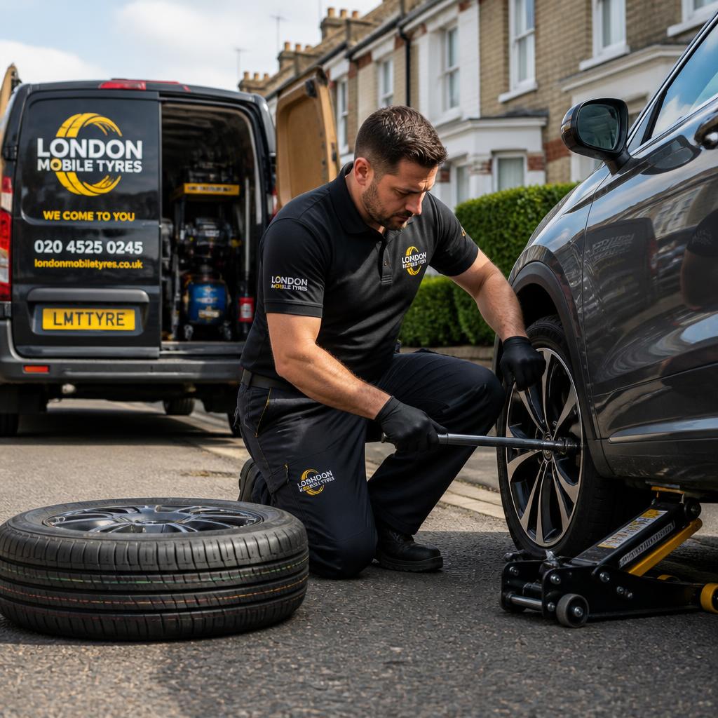 Mobile tyre fitter torquing a wheel on a customer's car in SE London